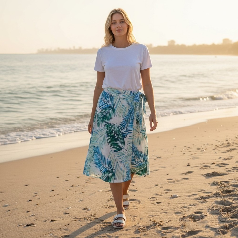 Tahari Women's XL Tropical Plam Leaves Print‎ Beach Cruise Linen Tie Wrap Skirt